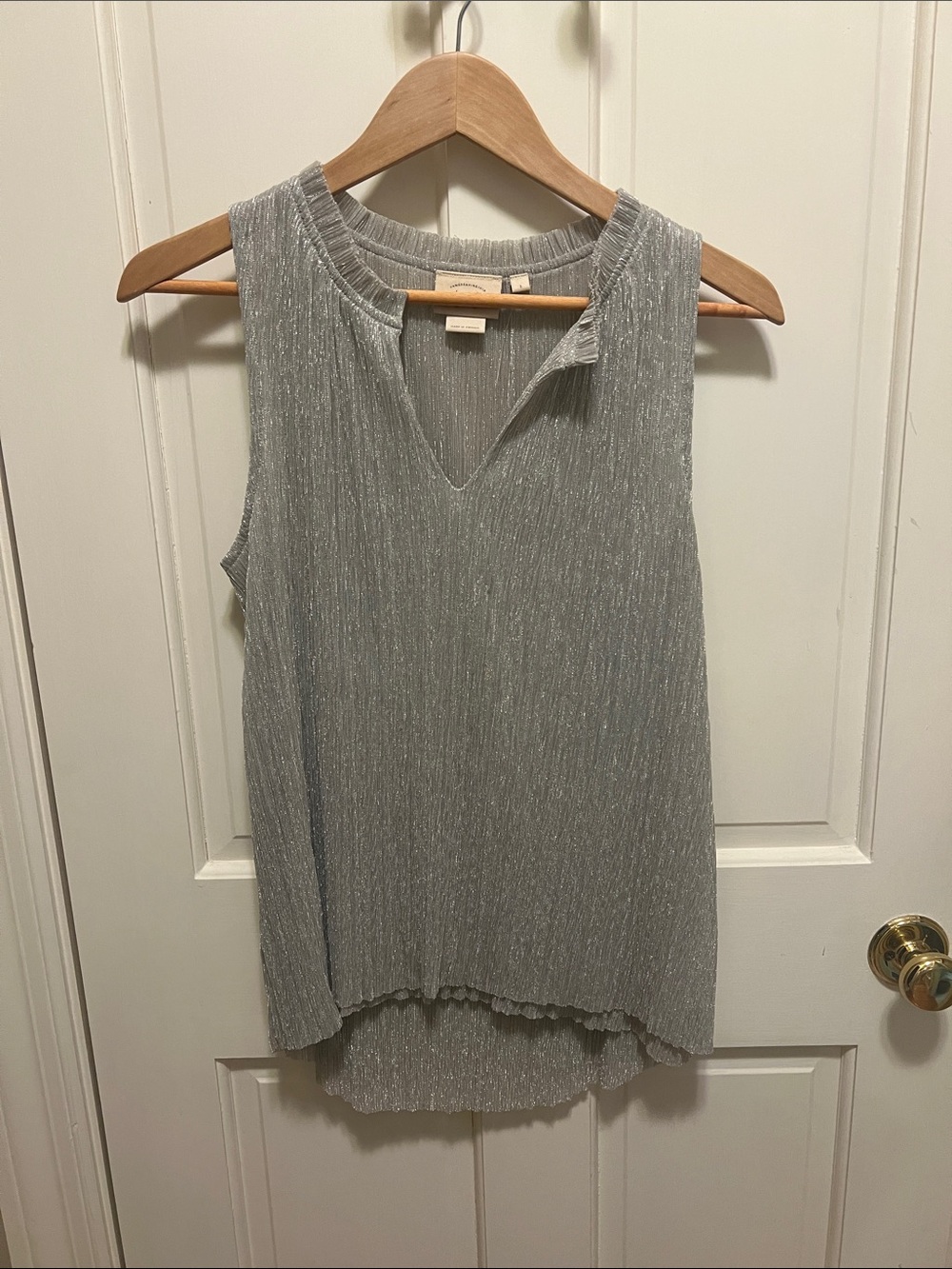 Anthropologie Shimmery Silver Sleeveless V-Neck Tank Top